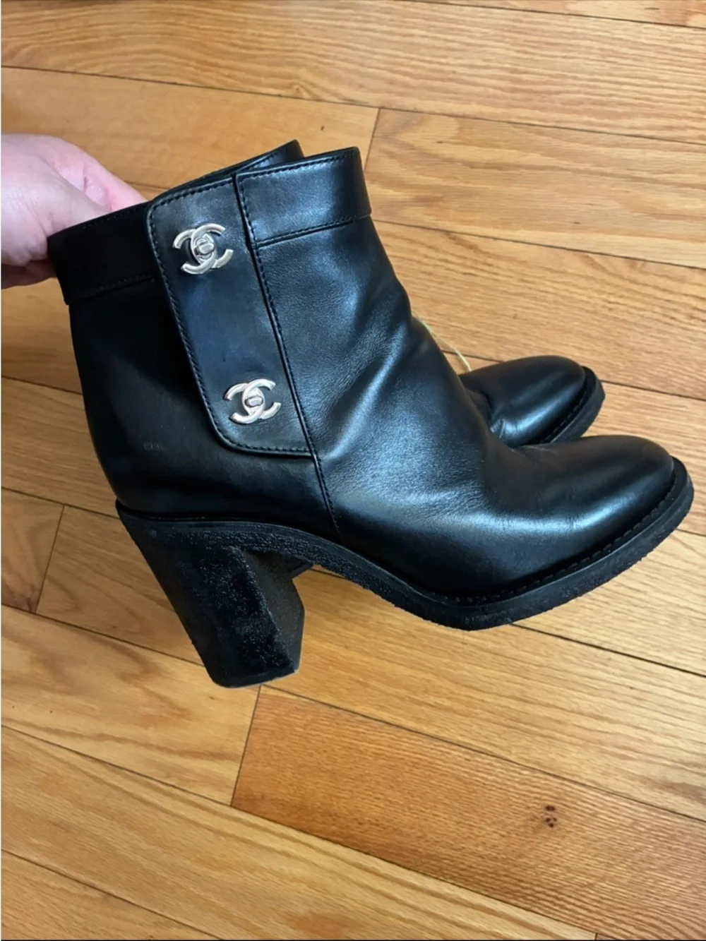 CHANEL Black Leather Ankle Booties with Silver CC Logos